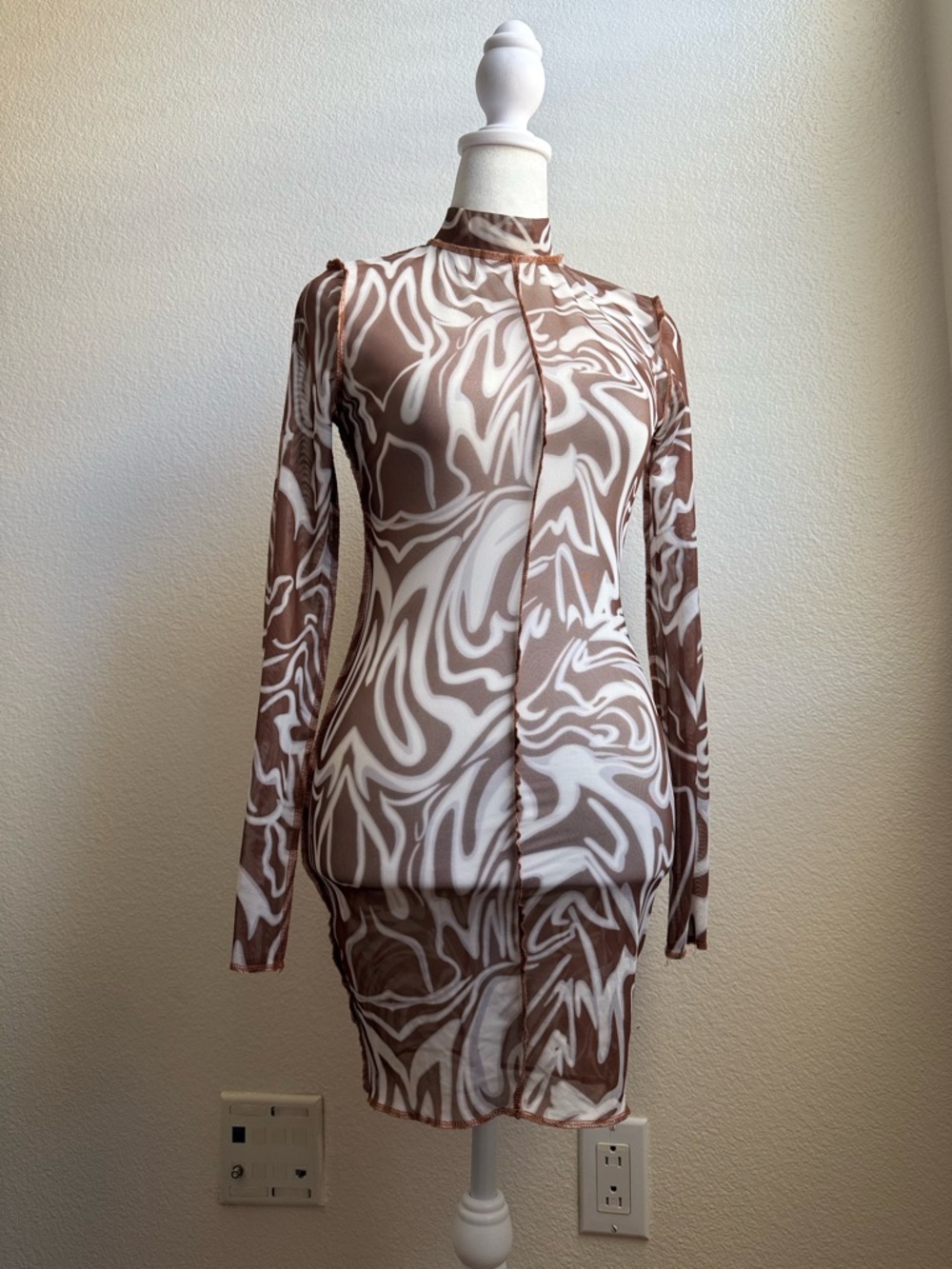 Long-Sleeve Brown & White Swirl Sheer Bodycon Dress